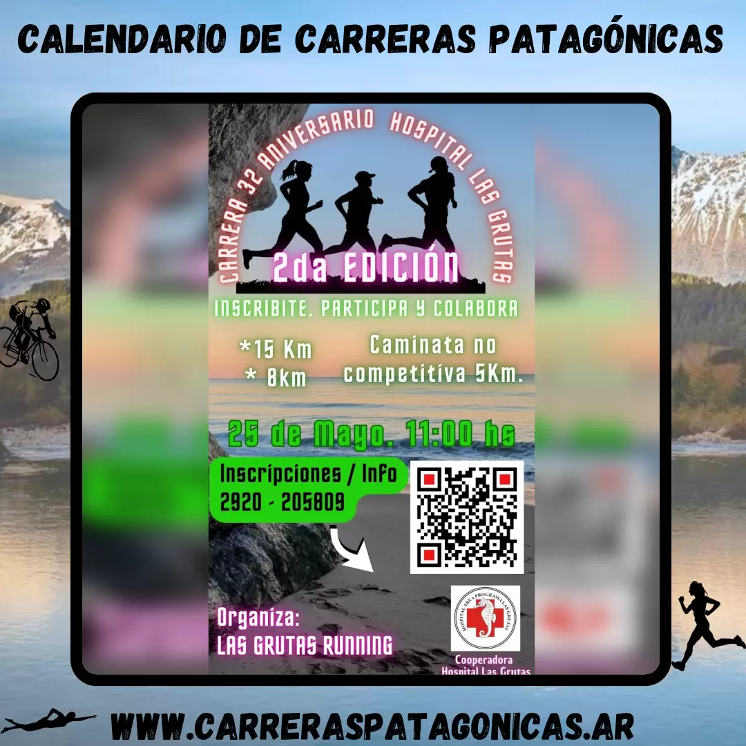 Flyer de carrera Carrera 32 Aniversario Hospital Las Grutas 2025