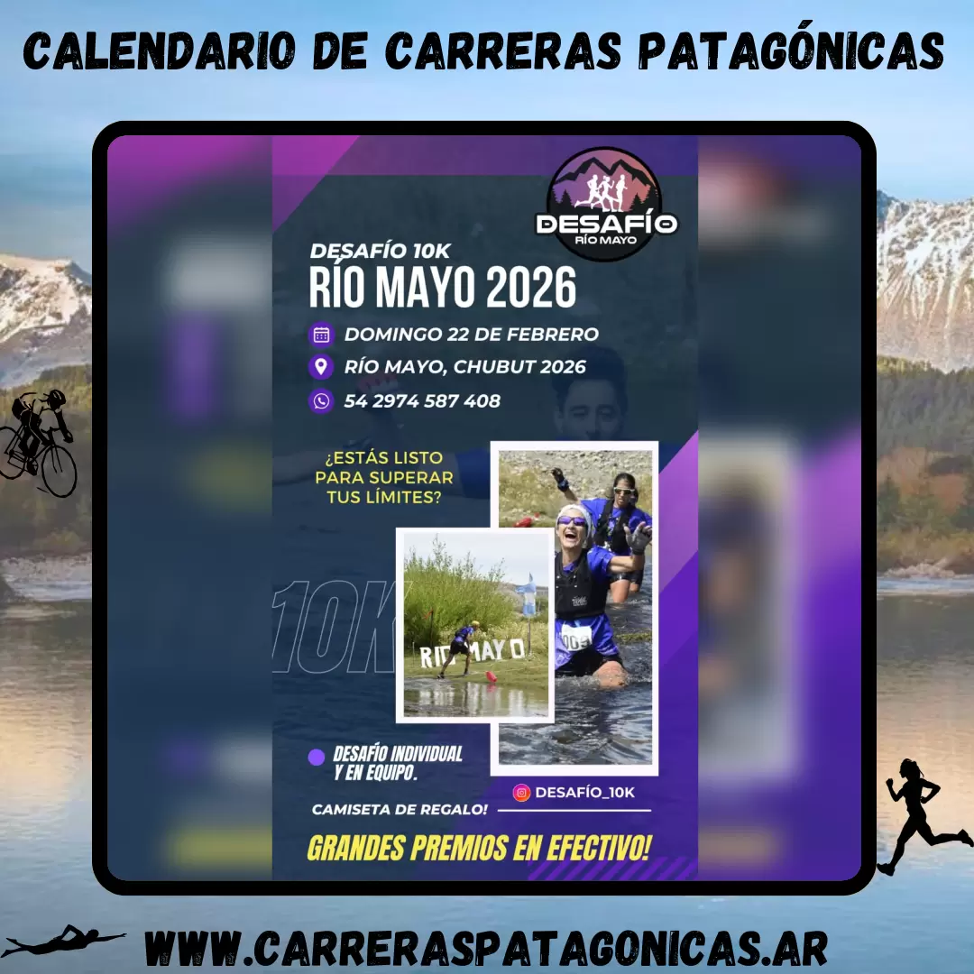 Flyer de carrera Desafío 10K Río Mayo 2026